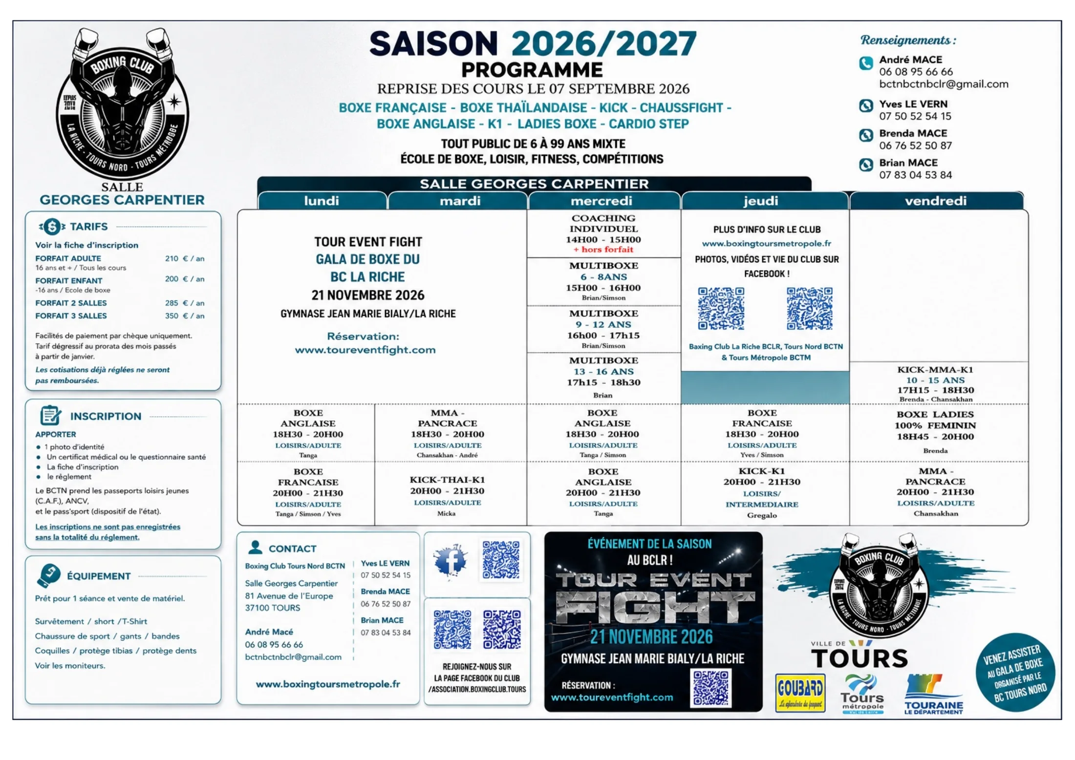 Programme Boxing Club Tours Nord — saison 2026-2027